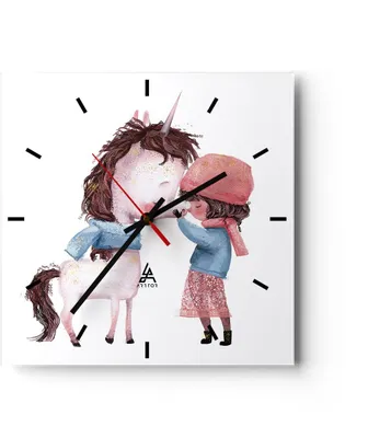 Produktbild von Wanduhr - Quadrat - Glasuhr - Einhorn Mädchen Kinder - 40x40cm - Schleichendes Uhrwerk - Lautlos - zum Aufhängen bereit - Dekoration Modern - Wanddekoration aus Glas - C3AC40x40-4733