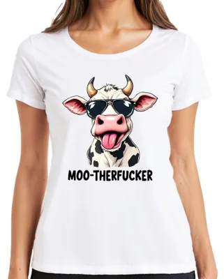 Produktbild von MOO-THERFUCKER lustige Kuh Sonnenbrille Cartoon Bauer Geschenk Damen T-Shirt, Weiß, 3XL