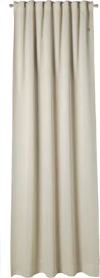 A plain beige curtain hanging from a rod.