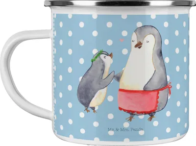 Produktbild von Mr. & Mrs. Panda Teebecher Pinguin mit Kind - Blau Pastell - Geschenk, Danke Mama, Familie, Muttertag, becher emaille, Tasse, Teetasse, Mutter, Pott, emaillebecher