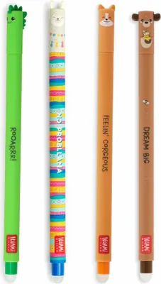 Produktbild von Legami Erasable Gel Pen Set, 4-tlg., löschbare Gelstifte, Gelschreiber, Dino, Teddybär, Corgi, Lama