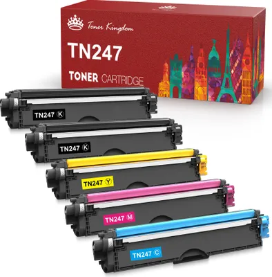 A product shot of toner cartridges and their packaging.