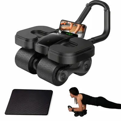 Produktbild von 4-rädriger automatischer Rückfederung Bauchtrainer mit Kniematte,Ab Roller Wheel,Bauchtrainer elektrisch mit Ellbogenstütze und Handyhalter,Schwarz