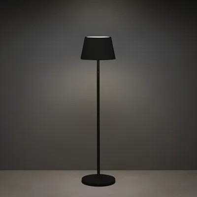 A black floor lamp is shown against a dark gray background.