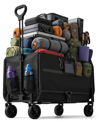 Produktbild von Relaxdays Bollerwagen, faltbar, 150 kg, Teleskopgriff, Heckklappe, Regenplane, Transportwagen Einkauf, Camping, schwarz