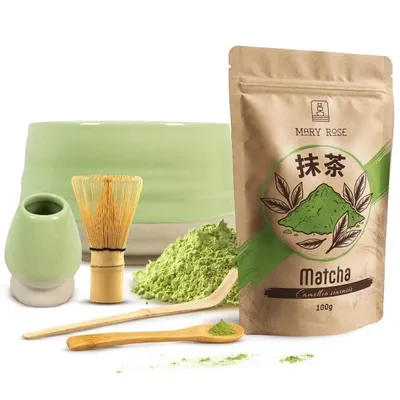 Produktbild von Mary Rose - Matcha Tee Set Pulver 100g - Grüne Keramik Matchawan Schale Kibou 450ml - Kusenaoshi Halter - Bambus Chasen Besen