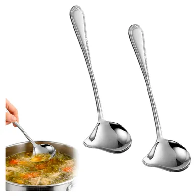 Produktbild von Soßenlöffel Edelstahl 2er Set, Soßenkelle, Saucenlöffel aus rostfreiem 304er Material mit Ausgießer und Aufhängeöse, spülmaschinenfest für Sauce und Suppe in der Küche