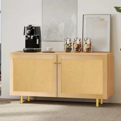 Produktbild von Sideboard aus Korbgeflecht Naturholzoptik Schrank Esszimmer Doppeltürig Aufbewahrung 120x40x63