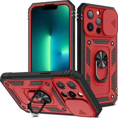 Immagine prodotto di Custodia per iPhone 14 Pro protezione fotocamera scorrevole, resistente agli urti, con supporto ad anello, supporto e porta carte di credito rosso