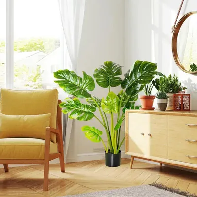 Obrázok produktu pre Umelo vyzerajúca rastlina Monstera – umelý strom v kvetináči – 110 cm – plastový kvetináč – dekorácia do domácnosti a kancelárie – zelená