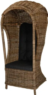 A single-seat rattan chair with a hood and cushions, presented against a white background.