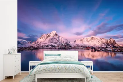 Produktbild von MuchoWow® Fototapete für Wohnzimmer oder Schlafzimmer Wandtapete Vinyl Motivtapete Berge am See - 390x260 cm - Papiertapete