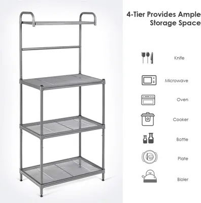 Immagine prodotto di Scaffale per microonde a 4 ripiani, scaffale da cucina con portata fino a 100 kg, scaffale da terra con ripiani in rete metallica e piedini regolabili, robusta struttura interamente in metallo, organizer da cucina