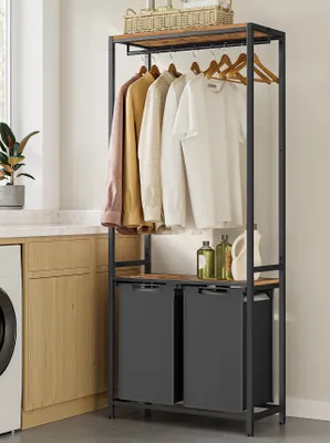 Produktbild von VASAGLE Wäschekorb 2 Fächer, mit 2 Ablagen, Kleiderstange, abnehmbar, 2 x 46 L