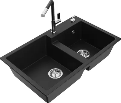 Produktbild von Mexen Tomas 2-Becken-Granitspüle mit Mischbatterie Flora, Schwarz - 6516-77-670401-07