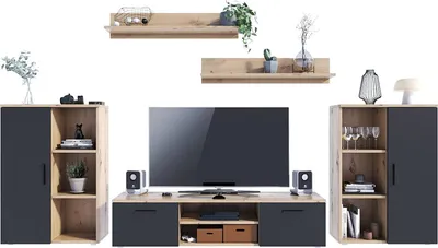 Produktbild von MATKAM Wohnzimmermöbel-Set Herkules, 5-teilig, 1 x TV-Kommode, 2 x Wohnzimmerkommode , 2 x Hängeregale (Artisan Eiche-Schwarz)