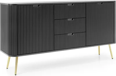 Produktbild von Kommode mit 3 Schubladen Gerly - Sideboard 170 cm auf Beinen, Loft, geriffelten Fronten, 2 Türen - Sideboard mit Lamellen (Schwarz / Gold)