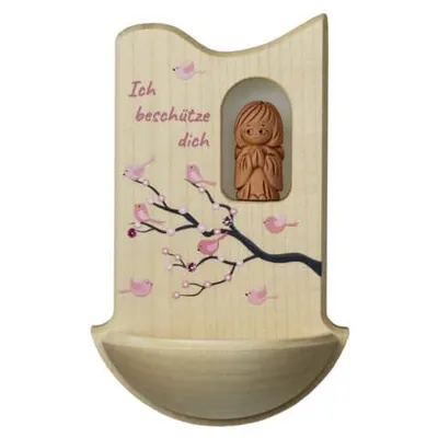 A wooden plaque with a carved figure and painted birds.