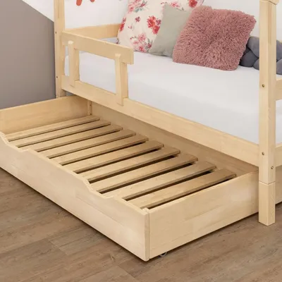 Produktbild von Under Bed Wooden Drawer with two cutouts BUDDY on Wheels - Natural decor - With slack and full bottom - 120 x 180 cm (under bed 120 x 200 cm)