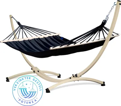 Produktbild von Potenza Outdoor Hängematte mit Gestell für 2 Personen I Stabhängematte XXL 220x160, 200kg I Verzinkter Hängemattengestell 220kg Wetterfest