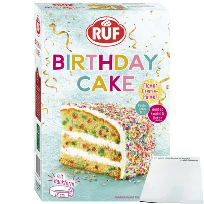 Produktbild von Ruf Birthday Cake Backmischung für Geburtstagskuchen (425g Packung) + usy Block