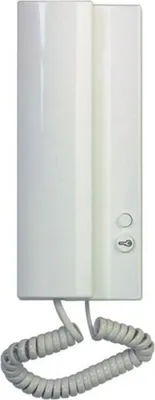 A white intercom handset with a coiled cord.
