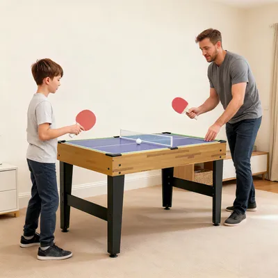 Produktbild von Spieltisch 13-in-1, Multifunktionstisch Tischfußball Billard Tischtennis Schach, MDF Walnuss | 121 x 109 x 80 cm | 23,5 kg | 13 Spiele