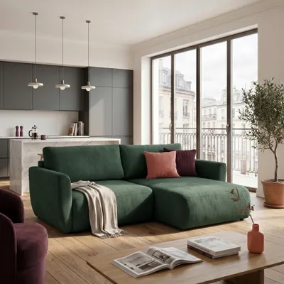 Produktbild von MUFFO Ecksofa BELLA L Rechts mit Schlaffunktion 140x205 Velours Dunkelgrün