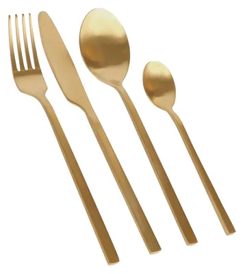 A set of four gold-colored cutlery pieces arranged diagonally on a white background.