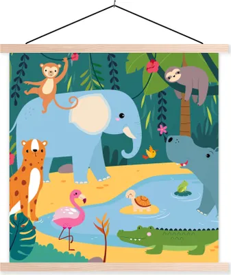 Produktbild von MuchoWow® Textilposter Dschungel - Elefant - Tiere 120x120 cm mit holzfarbenen Rahmen - Textil-Poster