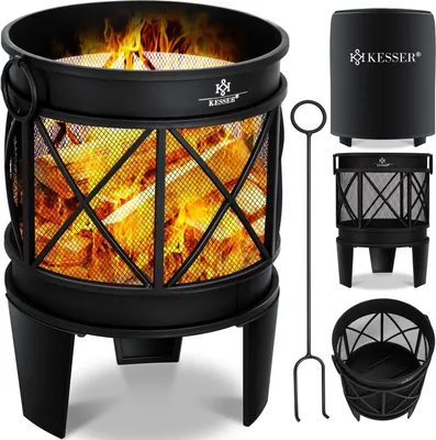 Produktbild von KESSER® Feuerschale Inkl. Abdeckung Feuerkorb mit Funkenschutz & Griffen + Schürhaken Feuerstelle 58 x 45 cm für Garten & Terrasse Metall Antik-Rost-Optik Multifunktional Fire Pit Heizung BBQ