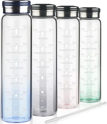 Produktbild von Famanu Glas-Trinkflasche 1L mit Neopren-Hülle und Zeitmarkierungen - Transparent