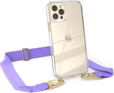 Produktbild von EAZY CASE - Hülle mit Band für Apple iPhone 12 / 12 Pro, Handyhülle mit Umhängeband, Silikonhülle transparent, Handykette in Violett