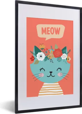 Produktbild von MuchoWow® Gerahmtes Poster Katze - Blumen - Blau 40x60 cm - Poster mit Schwarzem Bilderrahmen Wandposter Rahmen Foto Bilder - Poster in Rahmen