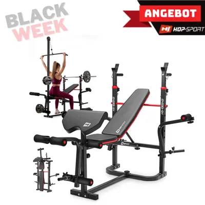 Produktbild von Hop-Sport klappbare Hantelbank HS-1065 mit Latzug, Langhantel-Ablage, Curlpult und Butterfly - verstellbare Trainingsbank für Bankdrücken