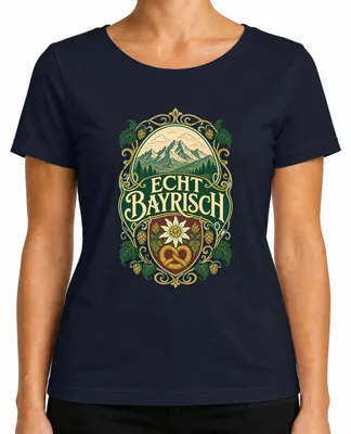Imagen del producto de Camiseta de mujer, estilo bávaro, con motivos de los Alpes, edelweiss, pretzel, traje tradicional. Color: azul marino. Talla: L