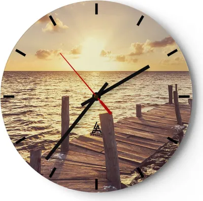 Produktbild von Wanduhr - Rund - Glasuhr - Brücke Sonne Ozean - 30x30cm - Schleichendes Uhrwerk - Lautlos - zum Aufhängen bereit - Dekoration Modern - Wanddekoration aus Glas - C3AR30x30-4168