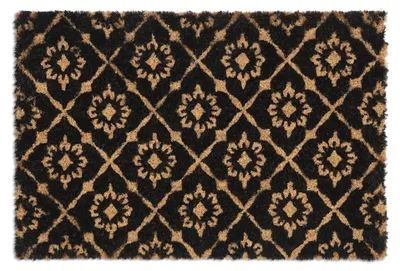 Produktbild von Relaxdays Fußmatte Kokos, 40x60 cm, florale Ornamente, Türvorleger innen & außen, rutschfest, wetterfest, natur/schwarz