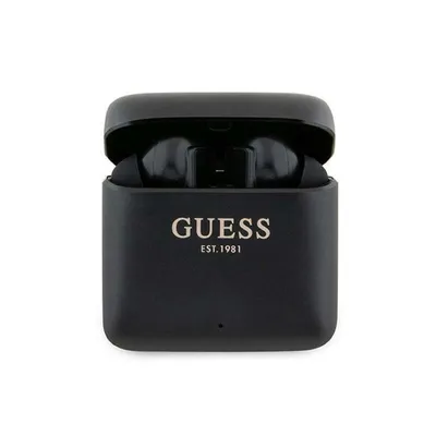 A black GUESS branded charging case for wireless earbuds is shown with the lid open, revealing the earbuds inside.