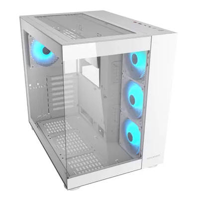 A white computer case with blue LED fans.