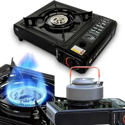 Produktbild von Campingkocher 2in1 Gas 2500W | Tragbarer Gaskocher mit Piezozündung, für Kartusche & Gasflasche | Outdoor Kocher inkl. Koffer & Windschutz