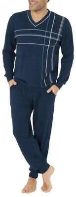 Produktbild von Eleganter Herren Pyjama Schlafanzug mit Bündchen und V-Ausschnitt ; marine , 58