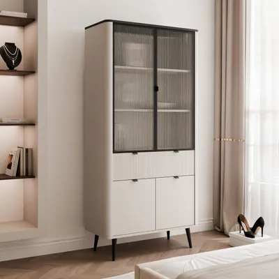 Produktbild von Zweitüriger Hohe Standvitrine NAVANI 90 cm Glasvitrine mit Schublade Vitrine Wohnzimmerschrank Glasschrank Kaschmir + Steingrau Aufbewahrungsschrank