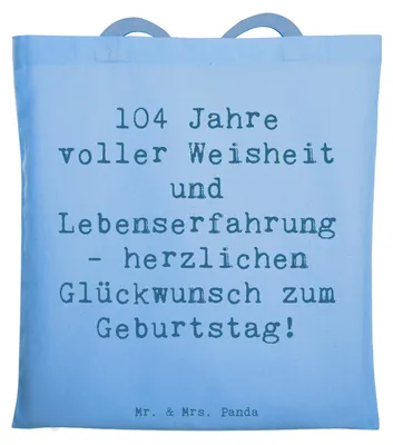 Produktbild von Mr. & Mrs. Panda Tote Bag Spruch 104. Geburtstag - Sky Blue - Geschenk, Schultasche, Einkaufstüte, Einkaufstasche, Happy Birthday, besondere Anlässe, Jubilar, Alter