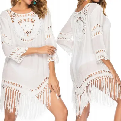 Produktbild von Pareo - Strandtunika bis zum Knie - Sommerkleid mit Fransen - Boho-Stil - Strandjacke - Weiß - Einheitsgröße