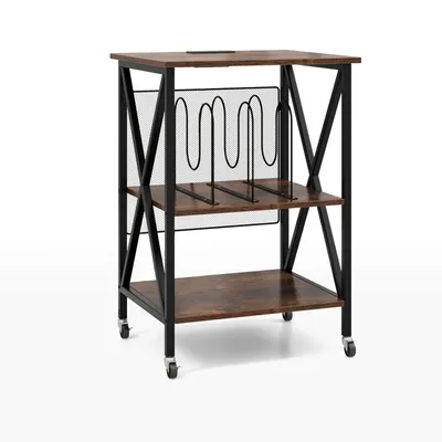 A mobile record storage cart with a vintage wood finish and black metal frame, shown against a white background.