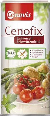 A product shot of a can of Cenovis Cenofix seasoning, with vegetables in the background.