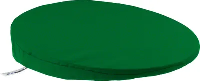A green, round cushion on a white background.