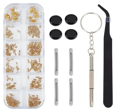Productafbeelding van Brilreparatieset brilschroevendraaier - Schroevendraaierset met gouden schroeven - Neuspads en oorgrepen - Met opbergdoos