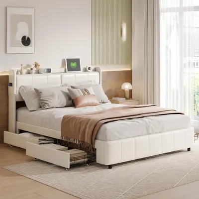 Immagine prodotto di Letto imbottito INONEFT, 160x200 cm, con 4 cassetti, letto matrimoniale con USB e Type-C, testiera con spazio contenitore e luce notturna, letto per ragazzi con rete a doghe, colore bianco